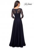 Picture of: Floor Length Satin Dress with Lace Detail and Pockets in Navy, Style: 27235, Back Picture
