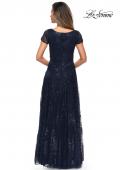 Picture of: Sequin Lace A-line Gown with Sheer Short Sleeves in Navy, Style: 27837, Back Picture