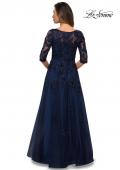 Picture of: Three Quarter Sleeve A-line Gown with Floral Embellishments in Navy, Style: 27922, Back Picture