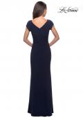Picture of: Floor Length Jersey Evening Gown with Cap Sleeves in Navy, Style: 28026, Back Picture