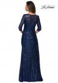 Picture of: Floor Length Sequin Gown wtih Ruching and Sleeves in Navy, Style: 28065, Back Picture