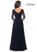 Picture of: Tulle and Beaded Long A-Line Gown with Sheer Sleeves in Navy, Back Picture
