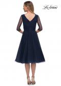Picture of: Tea Length Tulle Dress with Beading and Sheer Sleeve in Navy, Back Picture