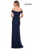 Picture of: Ruched Off the Shoulder Net Jersey Evening Dress in Navy, Back Picture