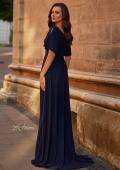 Picture of: Flattering Net Jersey Long Dress with Ruffle Sleeve in Navy, Style: 30009, Back Picture