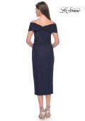 Picture of: Tea Length Fitted Jersey Ruched Off the Shoulder Dress in Navy, Style: 30109, Back Picture