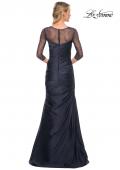 Picture of: Mermaid Satin Pleated Gown with Illusion Beaded Sleeves in Blue, Style: 30138, Back Picture