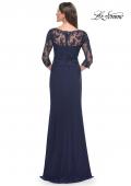 Picture of: Long Evening Gown with Lace Illusion Sleeves and Neckline in Navy, Style: 30385, Back Picture