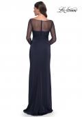 Picture of: Sleek Long Evening Dress with Ruching and Illusion Top in Navy, Style: 30808, Back Picture