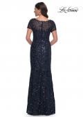 Picture of: Beaded Sequin Chic Evening Dress with Illusion Top and Short Sleeves in Navy, Style: 30877, Back Picture