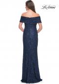 Picture of: Off the Shoulder Ruched Beaded Lace Evening Gown in Navy, Style: 31778, Back Picture