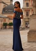 Picture of: Off the Shoulder Jersey Gown with Floral Sequin Top in Navy, Style: 32739, Back Picture