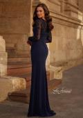 Picture of: Long Sleeve Evening Dress with Ruching and Lace Details in Navy, Style: 33121, Back Picture