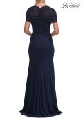 Picture of: Elegant Long Evening Dress with Ruching and Short Sleeves in Navy, Style: 33153, Back Picture