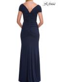 Picture of: Simple Ruched Cap Sleeve Net Jersey Gown in Navy, Style: 33506, Back Picture