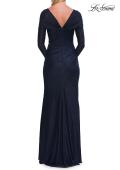 Picture of: Long Sleeve Rhinestone Jersey Gown with Sweetheart Neckline in Navy, Style: 33642, Back Picture