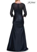 Picture of: Beaded Bodice Satin Gown with Three-Quarter Sleeves in Navy, Style: 33659, Back Picture