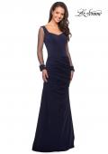 Picture of: Long Jersey Gown with Sheer Long Sleeves and Ruching in Navy, Style: 25064, Detail Picture 1