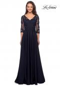 Picture of: Floor Length Satin Dress with Lace Detail and Pockets in Navy, Style: 27235, Detail Picture 1