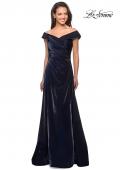 Picture of: Off the Shoulder Satin Gown with Ruching in Navy, Style: 27846, Detail Picture 1