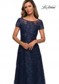 Picture of: Long Lace Dress with Sheer Neckline and Cap Sleeves in Navy, Style: 27935, Detail Picture 1