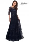 Picture of: A-line Lace Sequin Gown with Sheer Scoop Neckline in Navy, Style: 27942, Detail Picture 1