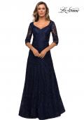Picture of: Embroidered Lace Gown with V Neckline and Flare Skirt in Navy, Style: 27949, Detail Picture 1