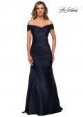 Picture of: Off the Shoulder Satin Evening Gown with Pleating in Navy, Style: 28047, Detail Picture 1