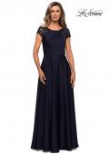 Picture of: Long Satin Dress with Sheer Floral Lace Cap Sleeves in Navy, Style: 28100, Detail Picture 1