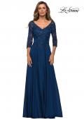 Picture of: Satin Three Quarter Sleeve Dress with V-Neckline in Navy, Style: 28106, Detail Picture 1