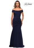 Picture of: Off the Shoulder Satin Evening Gown with Ruching in Navy, Style: 28110, Detail Picture 1
