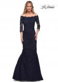 Picture of: Satin Mermaid Gown with Off the Shoulder Lace Bodice in Navy, Detail Picture 1