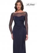 Picture of: Sleek Long Evening Dress with Ruching and Illusion Top in Navy, Style: 30808, Detail Picture 1