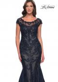 Picture of: Mermaid Lace Dress with Cap Sleeves and Illusion Neckline in Navy, Style: 30876, Detail Picture 1