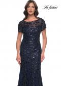 Picture of: Beaded Sequin Chic Evening Dress with Illusion Top and Short Sleeves in Navy, Style: 30877, Detail Picture 1