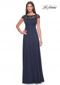Picture of: A-Line Satin Dress with Stunning Beaded Neckline and Short Sleeves in Navy, Style: 31195, Detail Picture 1
