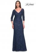 Picture of: Fitted Beaded Lace Evening Gown with Ruching in Navy, Style: 31721, Detail Picture 1