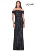 Picture of: Off the Shoulder Sequin Gown with Ruching in Navy, Style: 31772, Detail Picture 1