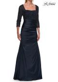 Picture of: Beaded Bodice Satin Gown with Three-Quarter Sleeves in Navy, Style: 33659, Detail Picture 1