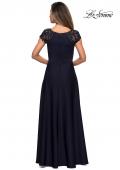 Picture of: Long Satin Dress with Sheer Floral Lace Cap Sleeves in Navy, Style: 28100, Detail Picture 2