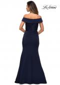 Picture of: Off the Shoulder Satin Evening Gown with Ruching in Navy, Style: 28110, Detail Picture 2
