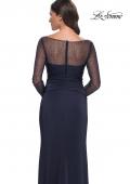 Picture of: Sleek Long Evening Dress with Ruching and Illusion Top in Navy, Style: 30808, Detail Picture 2