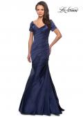 Picture of: Long Satin Gown with Elegant Ruching in Navy, Style: 26947, Detail Picture 3