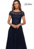 Picture of: Beaded Lace Rhinestone A-line Evening Gown in Navy, Style: 27920, Detail Picture 3
