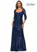 Picture of: Floor Length Sequin Gown wtih Ruching and Sleeves in Navy, Style: 28065, Detail Picture 3