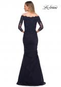 Picture of: Satin Mermaid Gown with Off the Shoulder Lace Bodice in Navy, Detail Picture 3