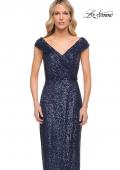 Picture of: Sequin Long Evening Dress with Ruching and V Neck in Blue, Style: 30326, Detail Picture 3