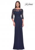 Picture of: Long Evening Gown with Lace Illusion Sleeves and Neckline in Navy, Style: 30385, Detail Picture 3