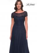 Picture of: Beaded A-Line Dress with Illusion Neckline and Sleeves in Navy, Style: 30852, Detail Picture 3