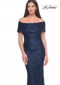 Picture of: Off the Shoulder Ruched Beaded Lace Evening Gown in Navy, Style: 31778, Detail Picture 3